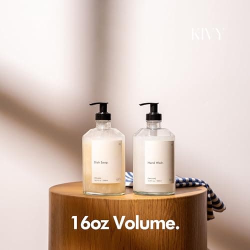 KIVY Glass Soap Dispenser Set [INCL. Waterproof Labels] - Glass Soap Dispenser with Pump - Hand Soap and Dish Soap Set - for Kitchen, Shower & Bathroom - Refillable (2X 16oz) 7