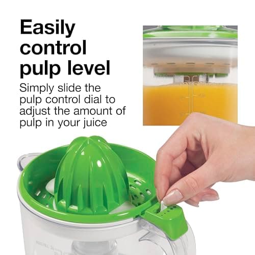 Proctor Silex Electric Citrus Juicer Machine, Large 34 oz. Pitcher, Pressure Activated, 2 Reamers for Big and Small Fruit, Pulp Control, for Orange, Lemon, Grapefruit Juice, White & Green (66340) 6