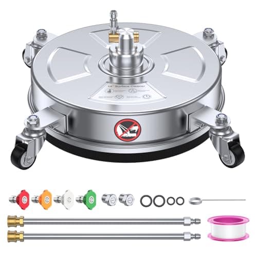 14" Pressure Washer Surface Cleaner 4500 PSI with 304 Industrial-grade Stainless Steel Housing,1/4” Quick Plug, 4 Universal Wheels, 2 x 15" Extended Wands, 2 Replacement Nozzles, 4 Spray Nozzle Tips
