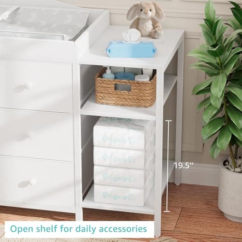 BOLUO Baby Dresser with Changing Table Top, White Changing Table Dresser with 6 Fabric Drawers Diaper Changing Station with Storage Shelf for Nursery Modern 6