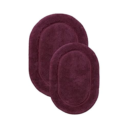 Superior Non-Slip 2 Piece Bath Rug Set, Ultra Plush, Soft and Absorbent 100% Combed Cotton Pile - Traditional Oval Bath Mat Set, Plum