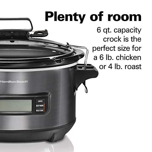 Hamilton Beach Portable 6 Quart Set & Forget Digital Programmable Slow Cooker with Lid Lock, Temperature Probe, Dishwasher Safe Crock & Lid, Black Stainless (33866) 6