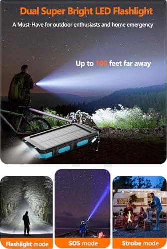 Power Bank 38800mAh Solar Portable Phone Charger with USB-C Fast Charging Battery Pack, with Compass LED Flashlight IP65 Waterproof, Compatible with iPhone, Samsung, iPad, Perfect for Outdoor, Camping 5