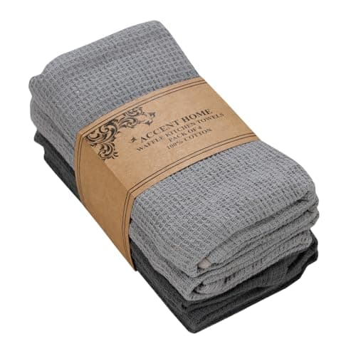 ACCENTHOME 100% Cotton Waffle Weave Kitchen Towel Set of 4 Super Soft Absorbent Tea Towels | Durable Cleaning Dish Cloths Perfect for Mess & Quick Drying Dishes Rags 18x26 inches in Grey Color