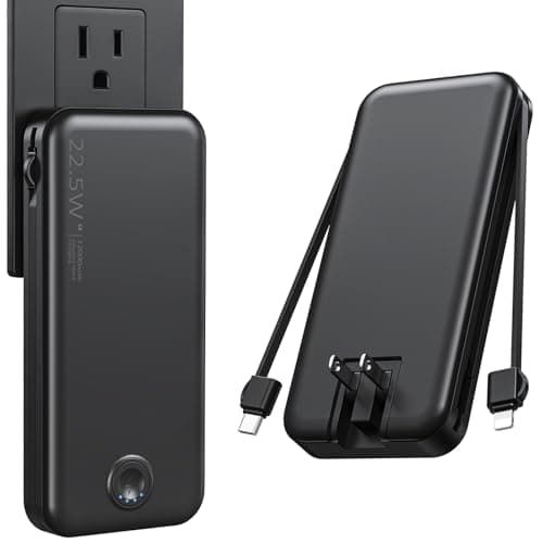Nusyddy Portable Charger, 12000mAh 22.5W Fast Charging Power Bank with Built-in Cables & Wall Plug, Travel Essentials External Battery Pack, USB C Battery Phone Charger for iPhone, iPad, Samsung Black