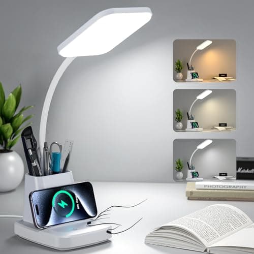 GOLSPARK Desk Lamp with Wireless Charger, LED Desk Lamps for Home Office Eye-Caring CRI 90, 3 Color Modes, Stepless Dimming Touch Table Lamp, Study Small White Lamp with Pen Holder for College Dorm