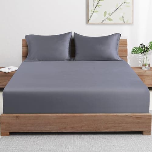 Bamboo Viscose Fitted Sheet Queen Size Only, 400 Thread Count, 16" Deep Pocket Cooling Bottom Sheets for Hot Sleeper, Silky Soft Breathable (Queen, Dark Grey 7