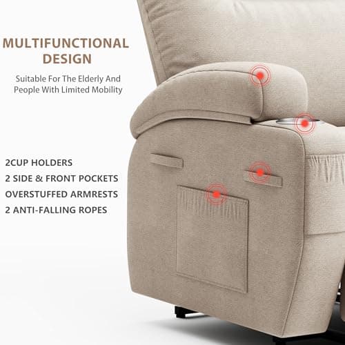 Power Lift Recliner Chair with Massage Ergonomic Recliner Chair for Elderly People, Single Sofa with Cup Holders, Side Pockets (Fabric, Beige) 7