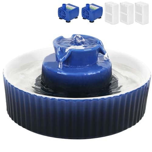 Kenepet Ceramic Cat Water Fountain, 2.1L/71oz Automatic Pet Water Fountain, 3 Filters and 2 Pumps Included, Cat Fountain Ideal for Cats, Dogs and Multiple Pets (Dark Blue)