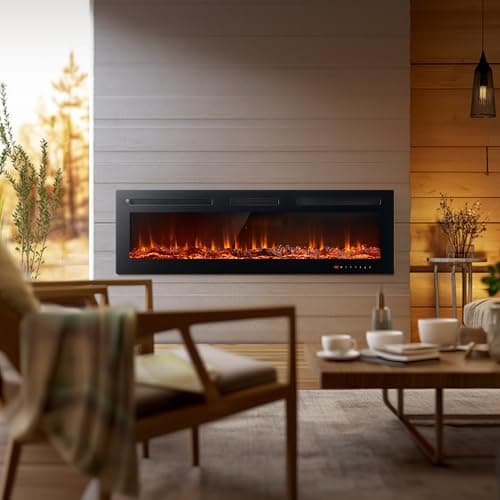 oneinmil Electric Fireplace, 50 inch Wide Recessed/Wall Mounted Electric Fireplace, Remote Control with Timer 12 Adjustable Color Flame, Remote Control,with Crystal Stone, 750/1500W 7
