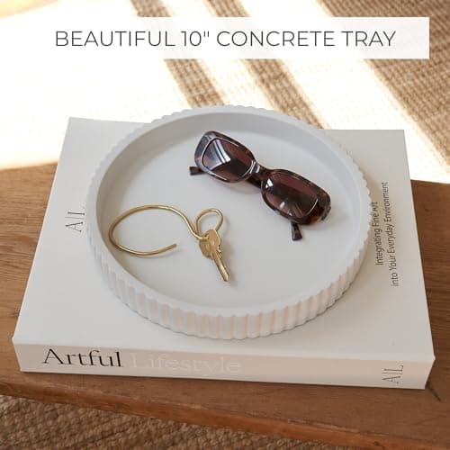 Decorative Concrete Tray & Book Decor Set - Scalloped Tray & Linen Box Enhance Your Coffee Table or Bookshelf Decor - Stylish Home Decoration for Your Living or Dining Room & as a Housewarming Gift 5