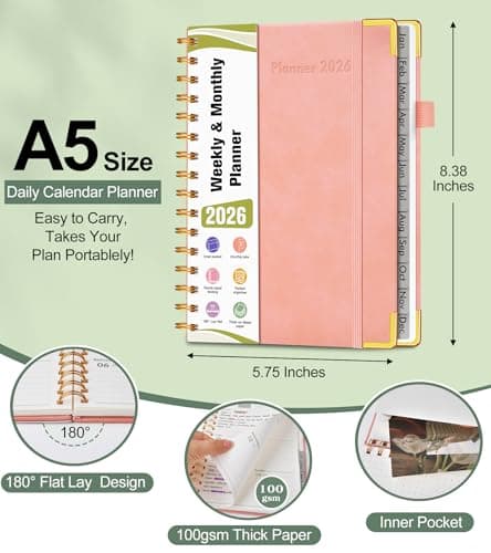 2026 Planner, Hardcover Leather Weekly and Monthly Planner, January 2026 - December 2026, Spiral Yearly Agenda Organizer Book 2026 with Tabs, Daily Calendar Planners for School Work Home, A5 (5.75" x 8.38"), Pink 5