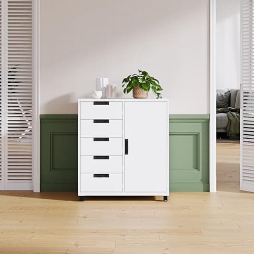 Letaya 5 Drawer Storage Cabinet, Mobile Printer Stand for Home Office,Dresser Chest with Shelves and Door(White) 9