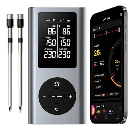 Meat Thermometer Wireless with 2 Meat Probes, 800FT Long Range Bluetooth Thermometer Wireless Temperature Probes for Remote Monitoring of Grill, Oven, Smoker, Air Fryer, iOS & Android App