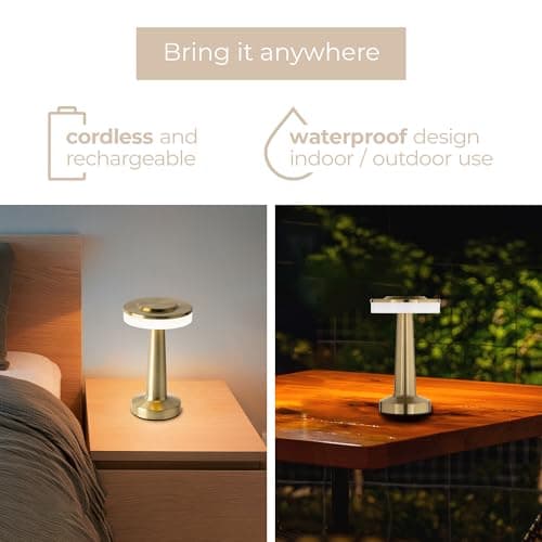 East Grove Home Radiance LED Cordless USB-C Re-Chargeable Desk Lamp, 5200mAh Battery Operated with 3 Color Temperature 2700K-3000K-3500K and Fingertip Touch On/Off Plus Dimming in Satin Brass 6