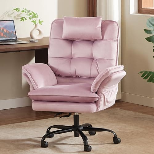 Bestier Cross Legged Office Chair, Criss Cross Chair with Adjustable Arms, 135° Reclining Velet Executive Chair with Wheels, Big and Tall Computer Desk Chair for Home, Office - Pink