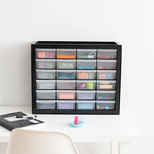 IRIS USA Plastic Storage Drawers, Made in USA, 24-Drawer Small Parts Organizer, Stackable Teacher Toolbox for Hardware, Screws, Nuts & Bolts, Stickers, Beads, Building Bricks, Garage Storage – Black 9