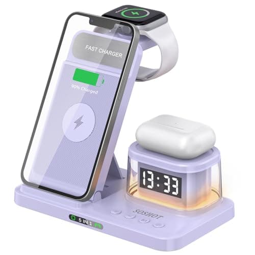 SOSHOT 5 in 1 Foldable Wireless Fast Charger with Night Light Transparent Clock for Apple Devices for iPhone 16 15 14 13 12 11 Pro Max Apple Watch for Apple Watch - Purple
