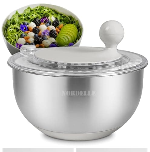 NORDELLE Stainless Steel Salad Spinner – Large Lettuce Dryer with Non-Slip Base & Instant Stop, BPA-Free Vegetable Washer, 5.3 Qt Cream White