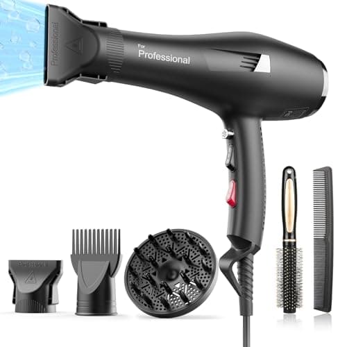 Dekuri Professional Ionic Hair Dryer AC Motor Fast Drying Salon Blow Dryer with Diffuser, Comb, Nozzle, Concentrator, for Curly and Straight Hair, 2 Speed & 3 Heat Setting, Cool Button, Black