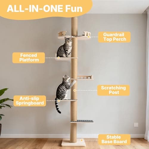 Veehoo Floor to Ceiling Cat Tree, Adjustable Height (5.1-9.4 ft) Tall Climbing Tower with Sisal Scratching Posts, Modern Cat Activity Tree for Indoor Cats 5