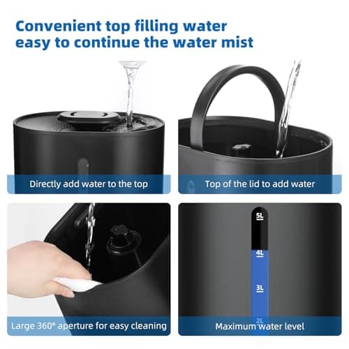 5L Ultrasonic Cool Mist Humidifier for Bedroom & Plants, Baby, Essential Oil Diffuser, Quiet with Adjustable Mist, 360 Nozzle - Black 6
