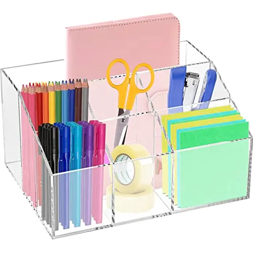 Dicunoy Acrylic Desk Organizer, Clear Pen Holder with 7 Compartments, Stationary Notebooks Pencils Storage for School, Classroom, Artist, Student, Office, Craft Room Supplies, Makeup Organization