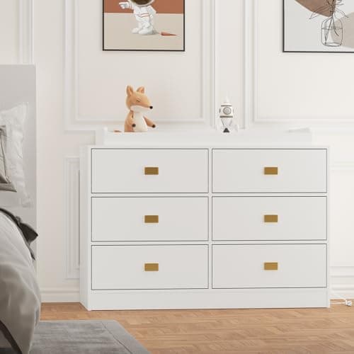 Patikuin Dresser for Bedroom with 6 Drawers, Wide Chest of Drawers with Changing Table Top, Nursery Storage Organizer for Infant with Power Outlets, Changing Pad & Removable to - White 7