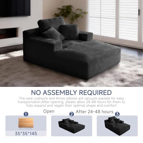 68" Chaise Lounge Chair Indoor, Corduroy Upholstered Boneless Sofa Bed, Deep Seat Sleeper Couch Reading Chairs, Oversized Comfy Cloud Sofas Couches for Living Room, Bedroom (Black, Oversized) 7