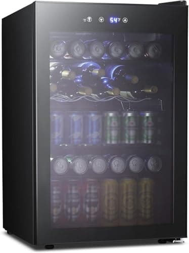 Kismile 4.5 Cu.ft Beverage Refrigerator and Cooler,145 Can Mini Fridge Glass Door with Digital Temperature Display for Soda,Beer or Wine,small Drink Dispenser Cooler for Home,Office or Bar (Black)