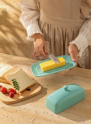 Sweese Butter Dish with Lid, Porcelain Butter Keeper, 7.8 Inch Butter Holder with Handle Cover, Butter Container Perfect for East West Coast Butter, Turquoise 6