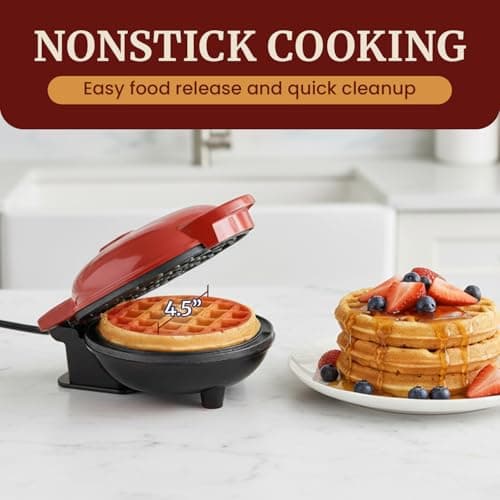 Elite Gourmet EWM015R# Electric Nonstick 4.5-inch Mini Waffle Maker, Belgian Waffles, Compact Design, Hash Browns, Keto, Snacks, Sandwich, Eggs, Easy to Clean, Red 5