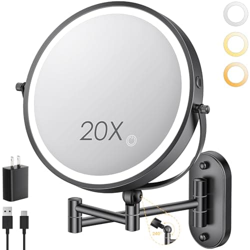 ZLOKLA 9" Wall Mounted Lighted Makeup Mirror,4000mAh Rechargeable Double Sided 1X/20X Magnifying Mirror with Light,Touch Dimmable,Extended Arm 360 Rotation Wall Mounted Makeup Mirror 3 Color Lights-B