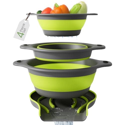 Gevoli 3-Pack Collapsible Colanders with Self-Draining Base, Over Sink-edge Silicone Food Strainers, Small/Med/Large Sizes, Nesting for Easy Compact Storage (3Qt, 4Qt, 5-Quart Set) Green/Gray