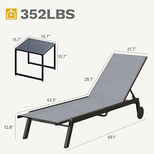 DWVO Outdoor Chaise Lounge Set, 2 Patio Chaise Lounge Chairs with Side Table, Textile Pool Loungers with 5-Level Backrest and Wheels for Beach, Lawn, Porch, Garden (Grey) 7