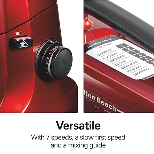 Hamilton Beach Electric Stand Mixer, 4 Quarts, Dough Hook, Flat Beater Attachments, Splash Guard, 7 Speeds with Whisk, Easy-Carry Top Handle, Red 5