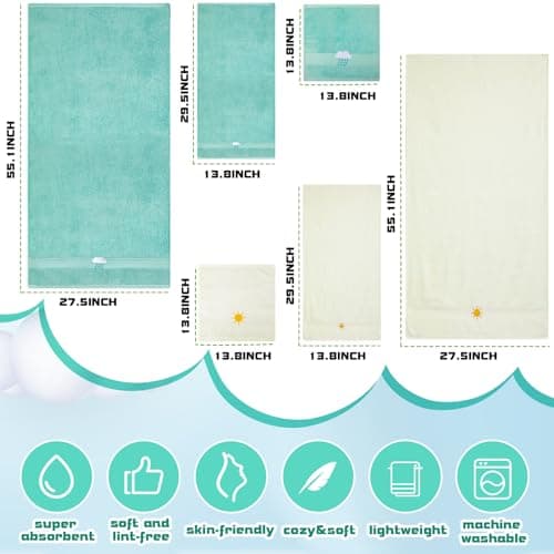 VitalCozy 6 Pcs Kids Girls Bath Towels Set 100% Cotton Cute Sun Cloud Bathroom Absorbent Soft Embroidered Decorative Baby Toddler Shower Towels for Kids Unisex Toddler Women(3 Sizes,Green, Yellow) 5