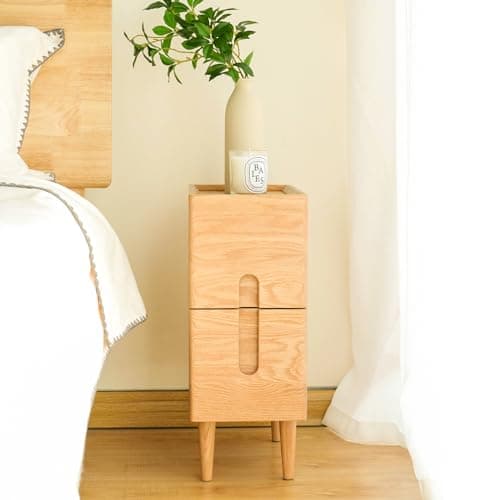 Cttasty Mid Century Modern Nightstand, Solid Wood Night Table, Minimalist Nightstand, Side Table for Bedroom, 2-Drawer Bedside Tables, Narrow Oak End Table Easy Installation (Natural, 7.87inches)