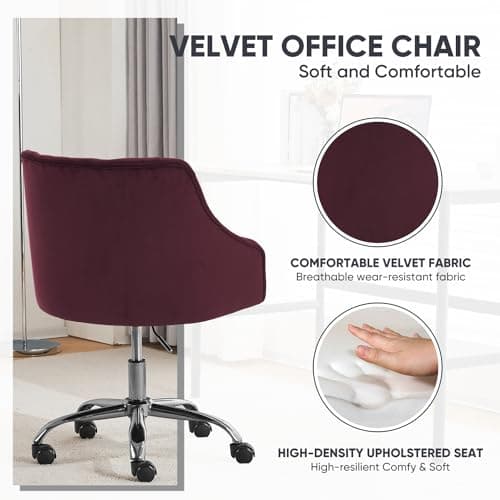 MOJAY Velvet Office Swivel Chair, Vanity Fabric Desk Pretty Fancy Gold Office Chairs for Girls, 360°Swivel Height Adjustable Reception Chair (Burgundy) 5