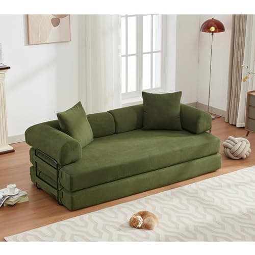 ZEIINPA Convertible Sleeper Sofa Bed with Cylindrical Pillow, Corduroy Folding Mattress Couch with Fixed-Shape Frame, Floor Sofa Lounge Couch for Living Room Bedroom Lounge Studio-Green 9