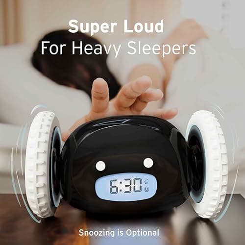 CLOCKY Alarm Clock on Wheels – Loud Rolling Alarm Clock for Heavy Sleepers | Runaway Clock that Jumps & Runs to Wake You Up | Funny Unique Gift for Adults, Teens & Kids Bedrooms (Black) 5