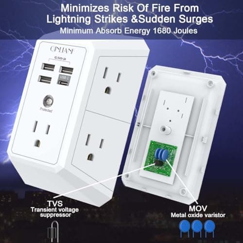 Wall Charger, Surge Protector, QINLIANF 5 Outlet Extender with 4 USB Charging Ports, 3-Sided 1680J Power Strip Multi Plug Adapter Spaced for Home Travel Office 6
