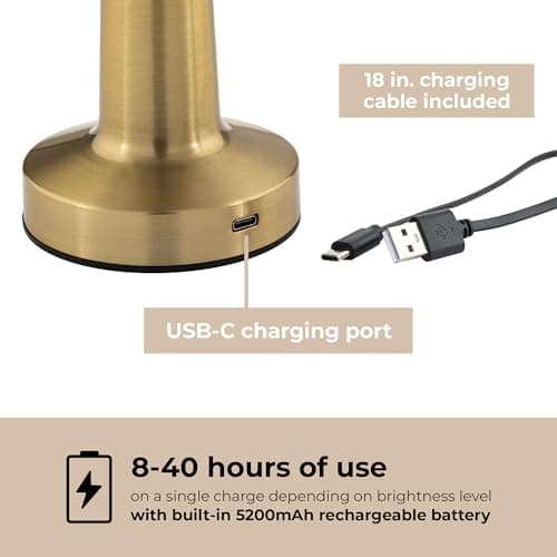 East Grove Home Radiance LED Cordless USB-C Re-Chargeable Desk Lamp, 5200mAh Battery Operated with 3 Color Temperature 2700K-3000K-3500K and Fingertip Touch On/Off Plus Dimming in Satin Brass 7