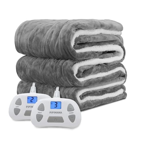 PiPiMAMA Heated Blanket King Size Dual Control 100"x 90" Flannel & Sherpa Electric Blanket King with 10 Heating Levels,12 Hours Auto Shut-Off,Machine Washable (Gray)