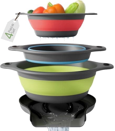 Gevoli Collapsible Colanders with Self-Draining Base for Edge of Sink, Food Strainers (Small/Med/Large), Nested Design for Easy Storage (Red, Blue, Green) (4PC Set)