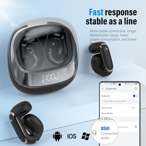 Clip On Ear buds, Open Ear Headphones, Bluetooth 5.4 HiFi Stereo Clip Earbuds, 42H, LED Display Wireless EarBuds, Comfortable Lightweight, IP7 Waterproof Earphones, Earbud for Workout Running, Black 6