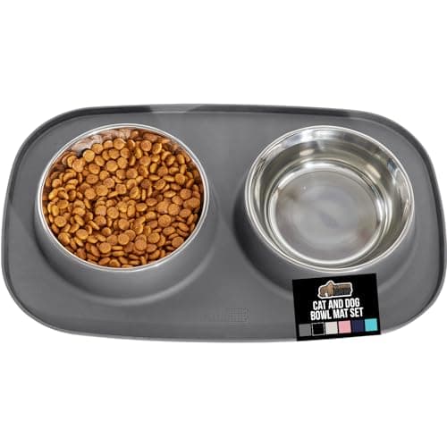 GORILLA GRIP Feeding Mat Bowl Set, 100% Waterproof BPA Free Silicone Base, 304 Stainless Steel Cat and Dog Bowls for Food and Water, Slip Resistant, High Edge, US Designed, Patent Pending, 1 Cup Gray