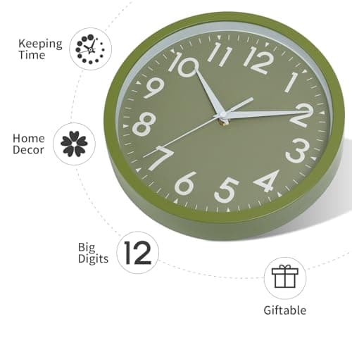 DAXSMY Wall Clock Analog 10 Inch Simple Silent Non Ticking Battery Operated Modern Decorative for Kitchen Office Bedroom Bathroom Living Room(Olive Green) 8