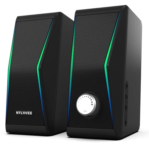 Nylavee Computer Speakers, Bluetooth 5.0 Hi-Fi Stereo PC Speakers, 4 Dynamic Lighting Modes, AC Adapter Powered and 3.5mm AUX-in Computer Speakers for Desktop PC, Monitor, Laptop, Tablet, Phone