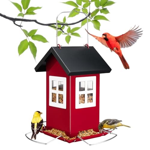 Veehoo Bird House Feeders for Outdoors Hanging-Metal Wild Bird House Feeders with 4 Ports, Country House Design, Garden Yard Decor Weatherproof Hanging Bird Feeder for Outside, Red